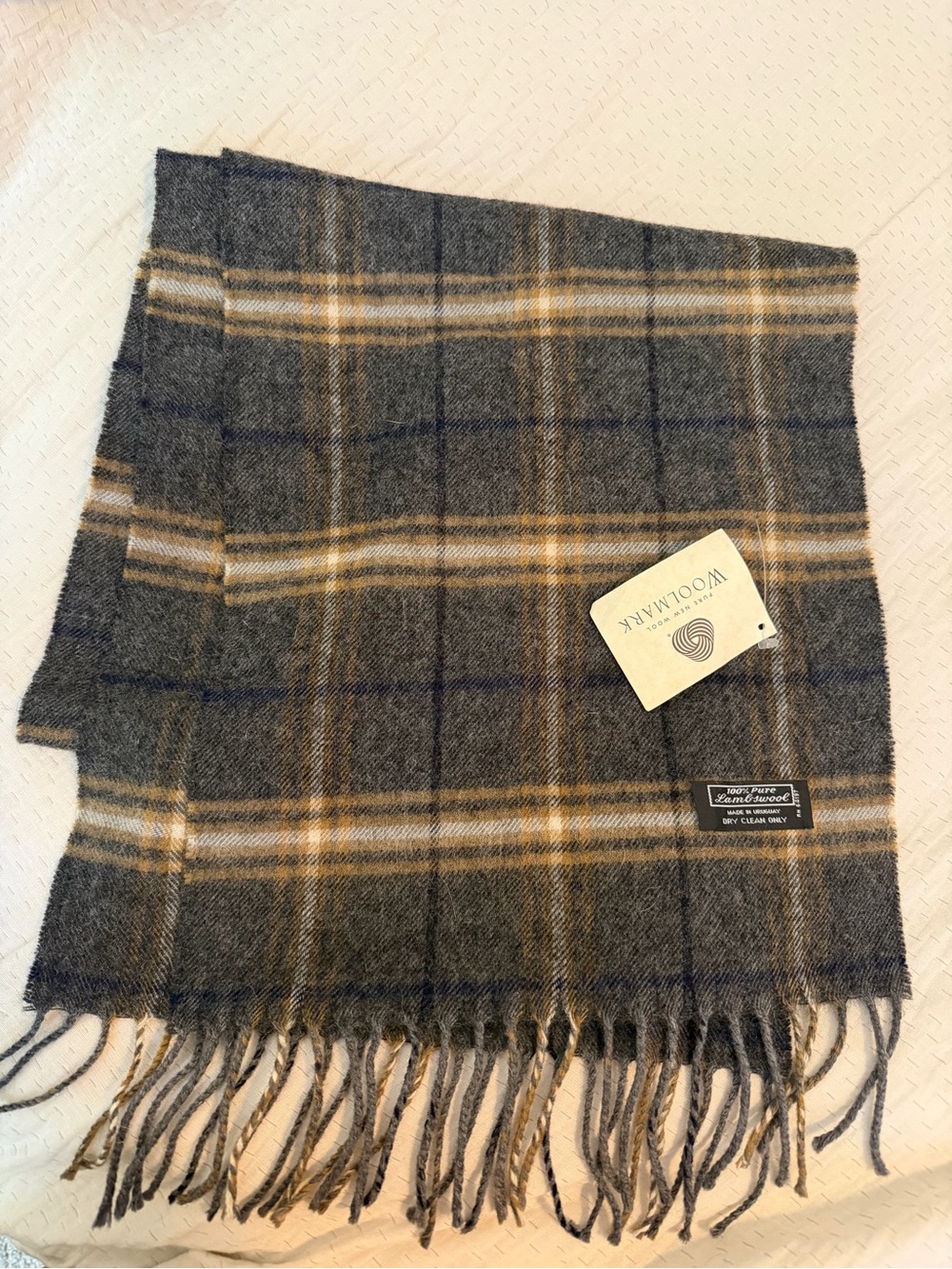 Woolmark Plaid Wool Scarf - Gray and Tan